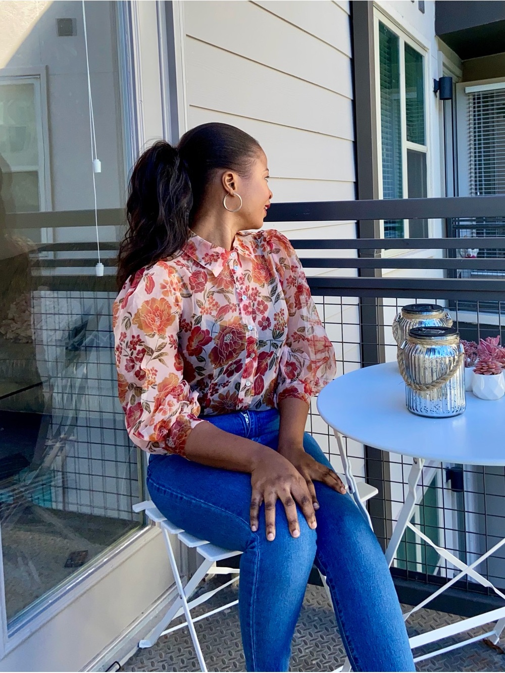 Forever 21 Sheer Floral Puff-Sleeve Blouse in Red and Pink